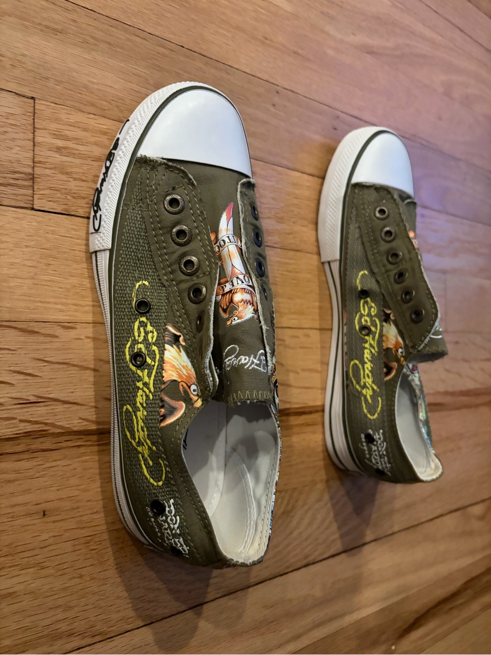 Olive Green Ed Hardy Canvas Slip-On Women's Sneakers - Picture 3 of 6